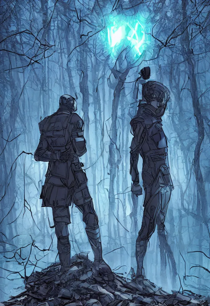 Image similar to A modern comic book cover of an android soldier wearing a trench coat and high tech glowing boots, with back to the camera, in a forest made of crystal, looking up at a crystal temple with a tower glowing in the fog