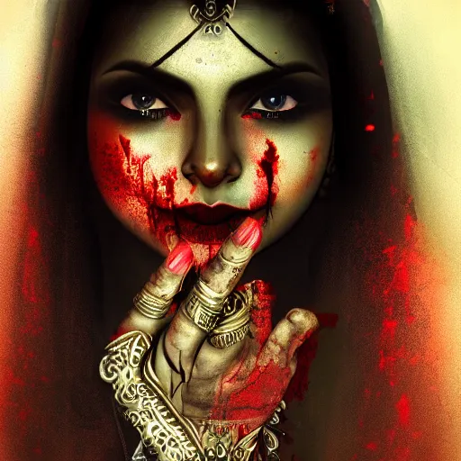 Image similar to beautiful Hindu lady of the dark with veil, in darkness, cover with blood, horror terrifying, soft light, surreal realistic, photorealistic, hyper details, full HD, 8k!