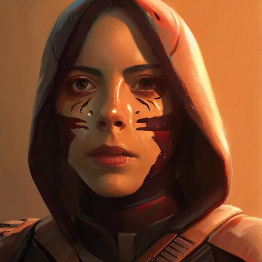 Image similar to portrait of a woman by greg rutkowski, rosa salazar as a young mandalorian bounty hunter from star wars expanded universe, highly detailed portrait, digital painting, artstation, concept art, smooth, sharp foccus ilustration, artstation hq