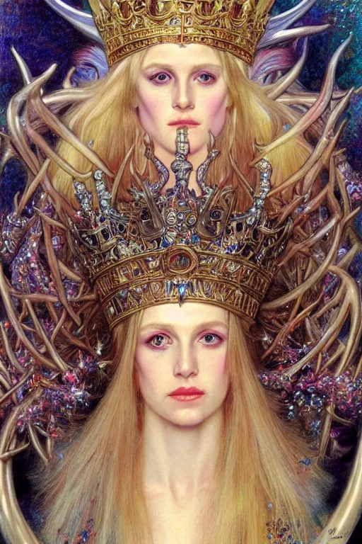 Prompt: a detailed portrait of a blonde haired blue eyed queen of glitter with an antler crown by wayne barlowe and mucha