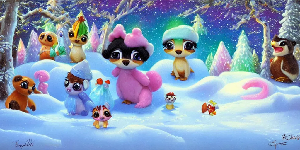 Prompt: 3 d littlest pet shop bear, ice, northern lights, penguins, snow cones, nature, polar express, gifts, master painter and art style of noel coypel, art of emile eisman - semenowsky, art of edouard bisson