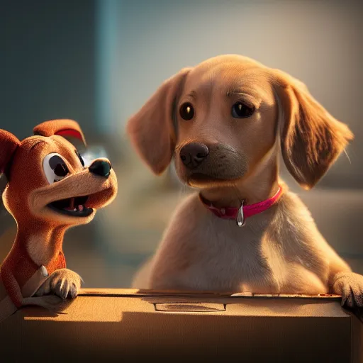 Prompt: dog character, in a box, small puppy, rich dog, high quality, 3 d render, dog in mountain, soft, concept art, intricate details, highly detailed, colorful, photorealistic, disney pixar, octane render, iridescent, anime, 8 k