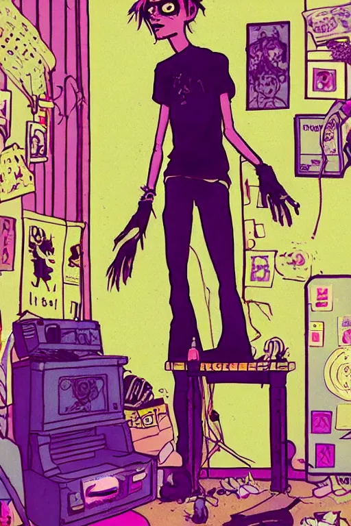 Image similar to a skinny goth guy standing in a cluttered 9 0 s bedroom by jamie hewlett, jamie hewlett art, full body character concept art, vaporwave colors, aesthetic!!,