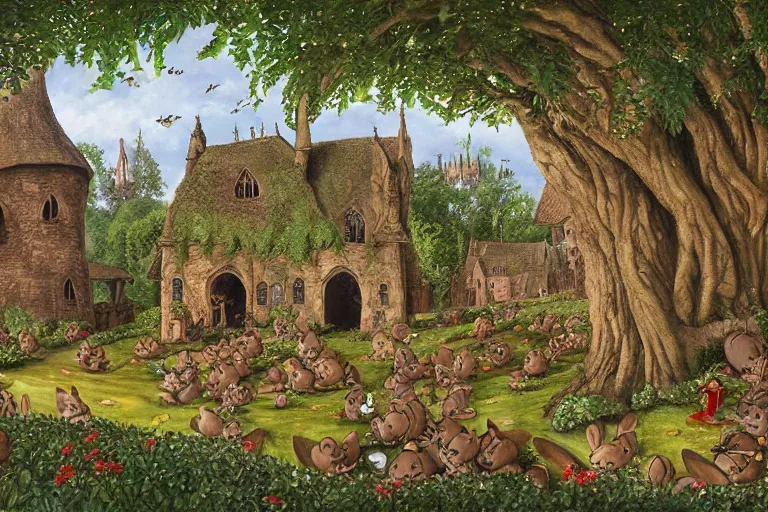 Image similar to an elaborate and dense painting of redwall abbey in mossflower wood with lots of medieval anthropomorphic mice and rabbits and otters, detailed by brian jacques and greg rutowski