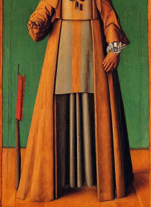 Image similar to a cyborg priest by Jan van Eyck