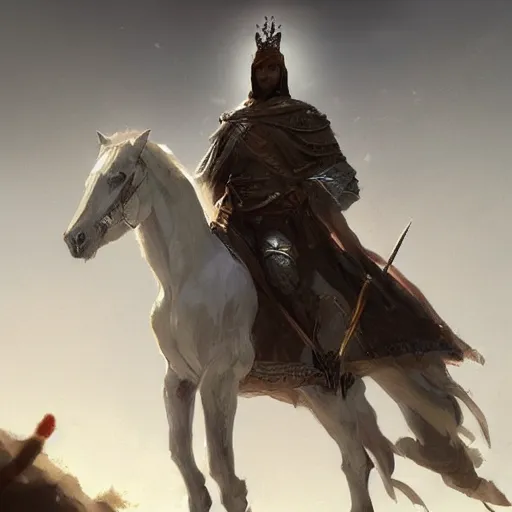 Image similar to a white horse The one who rode him carried arrows and a bow in his hand, and they gave him a crown, digital Art, Greg rutkowski Trending artstation