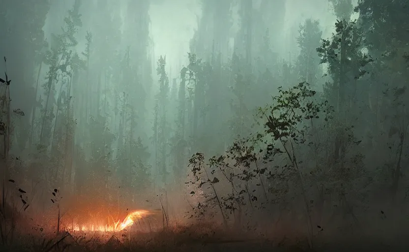 Image similar to scattered wreckage and debris, crater explosion. one single fighter design spaceship on fire crashed on the ground, on the ground, smoke, smoke, cloudy air, forest, swamp. Atmospheric lighting, overgrowth. By Makoto Shinkai, Stanley Artgerm Lau, WLOP, Rossdraws, James Jean, Andrei Riabovitchev, Marc Simonetti, krenz cushart, Sakimichan, trending on ArtStation, digital art.