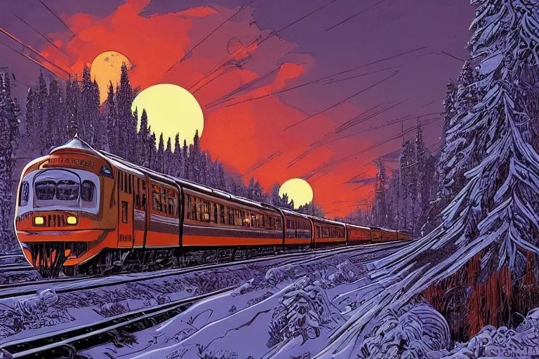 Image similar to trans - siberian express train illustration by joe fenton and syd mead and p. craig russell and barry windsor - smith, artstation, 4 k, graphic novel, concept art, matte painting, beautiful russian winter landscape sunset background, golden hour, art nouveau