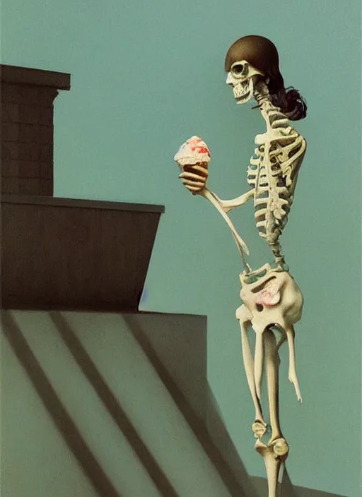 Prompt: woman skeleton holding ice cream Edward Hopper and James Gilleard, Zdzislaw Beksinski highly detailed