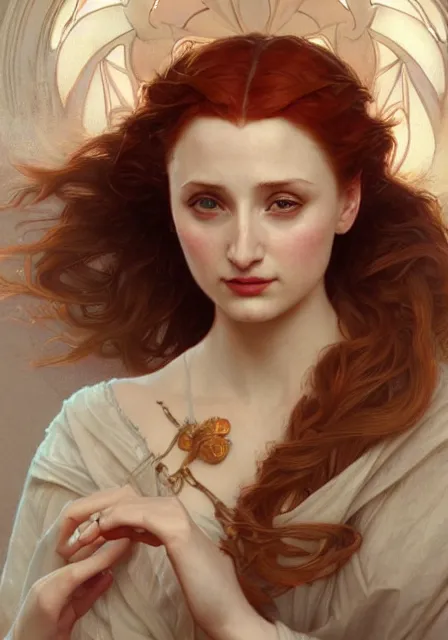 Image similar to sansa gessica chastain, intricate, elegant, highly detailed, digital painting, artstation, concept art, smooth, sharp focus, illustration, art by artgerm and greg rutkowski and alphonse mucha and william - adolphe bouguereau