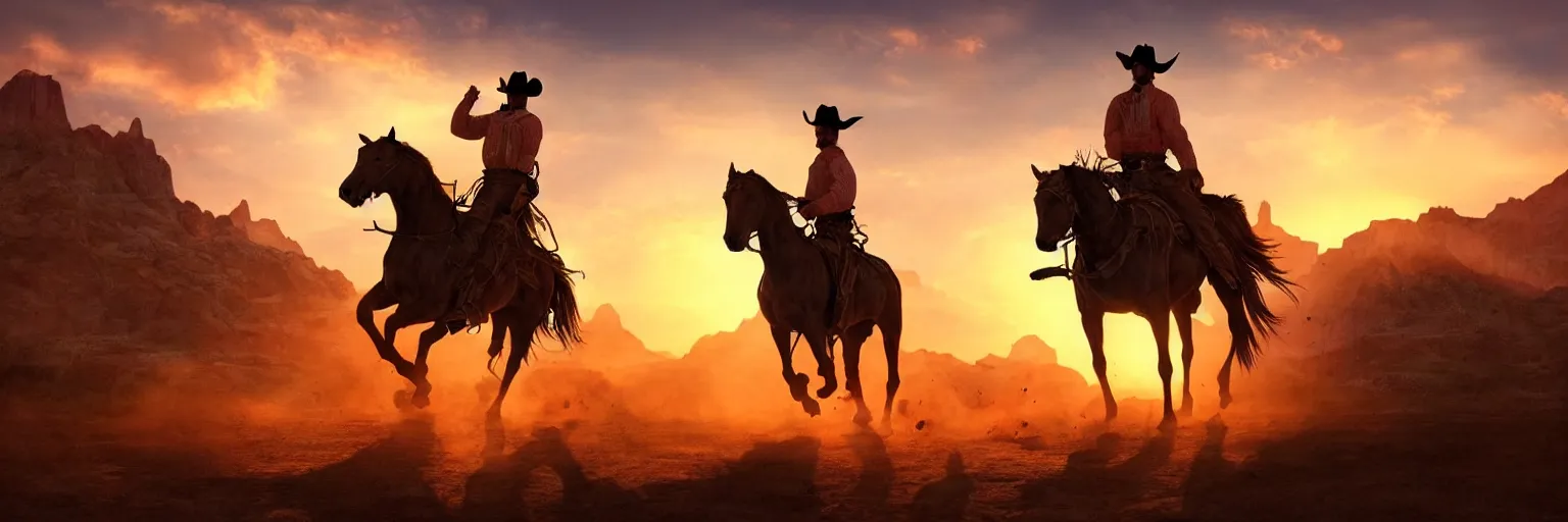 Image similar to a cowboy riding a horse and shooting a gun into the air, wild west background, sunset. digital art. amazing quality. perfect lighting. Professional design. Great composition. Mind blowing detail. award winning art. impressive colors. trending on artstation.