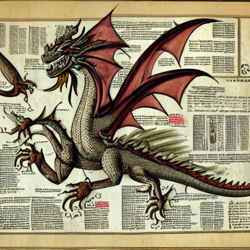 Image similar to scan of XVI century encyclopedia diagram presenting different dragon types, with informative text and diagrams