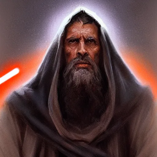 Prompt: portrait of a man by Greg Rutkowski, an old Jedi, arabian features, and olive skin, long black hair and beard, wise appearance, orange robes, Star Wars Expanded Universe, he is about 60 years old, highly detailed portrait, digital painting, artstation, concept art, smooth, sharp foccus ilustration, Artstation HQ