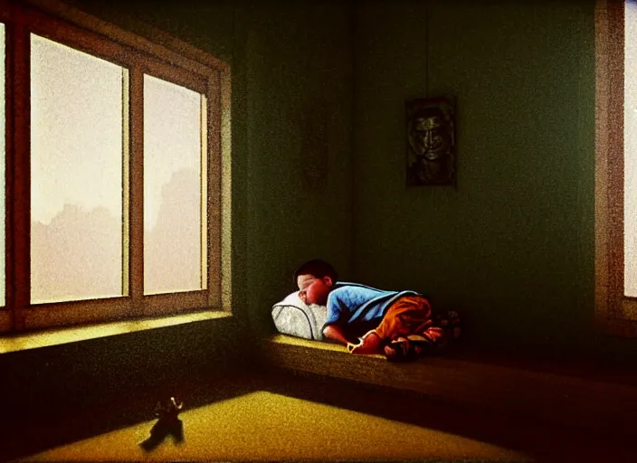 Prompt: realistic detailed photo rendered in octane 3d , of boy sleeping in a old soviet apartment and looking at the window, behind the window there are native american archer aiming, shipibo , by Francis Bacon, by Ivan Bilibin, by Alex Grey, by Austin Osman Spare., by Ayami Kojima, Amano, Karol Bak, Greg Hildebrandt, and Mark Brooks , rich deep colors. Beksinski painting, art by Takato Yamamoto. masterpiece. rendered in blender, ultra realistic, smooth shading, ultra detailed, high resolution, cinematic, unreal 6