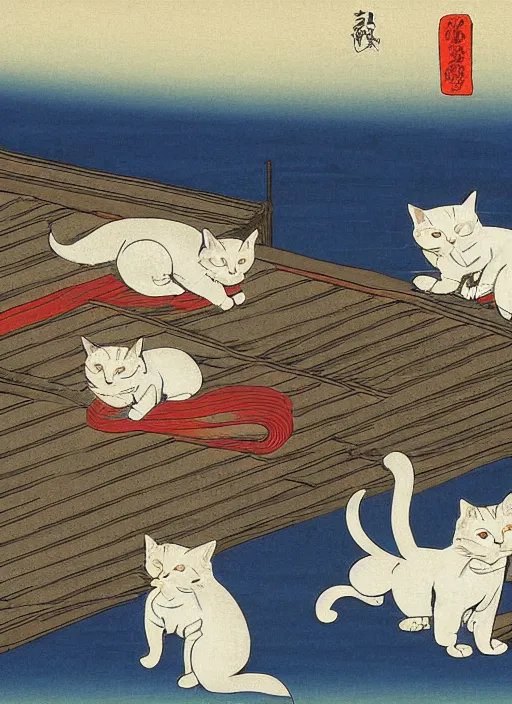 Image similar to whitecat with 2 baby white cats of utagawa hiroshige, digital painting 4 k uhd image, highly detailed