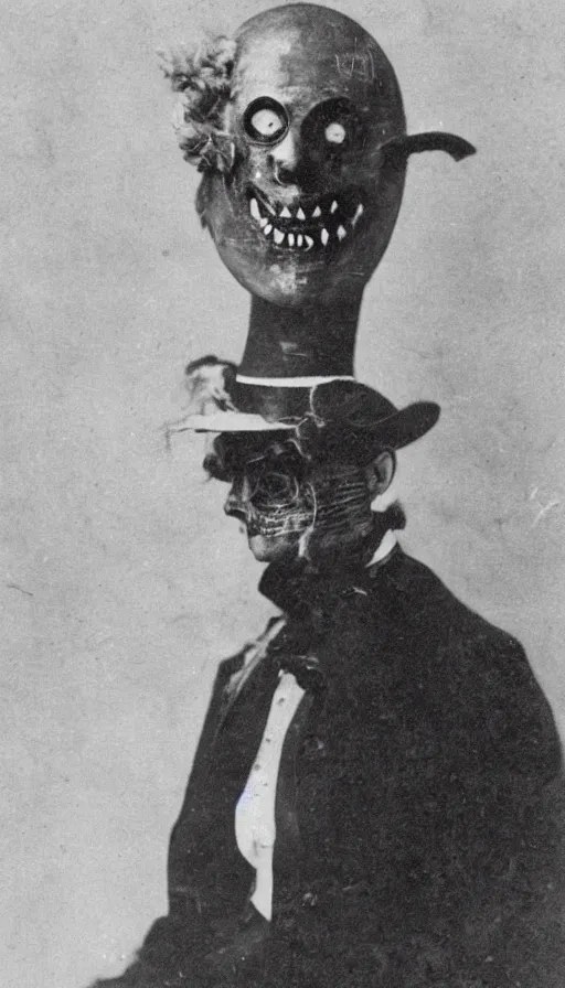 Image similar to a portrait photograph of a victorian wearing a scary vintage halloween mask, 1 9 0 0 s picture