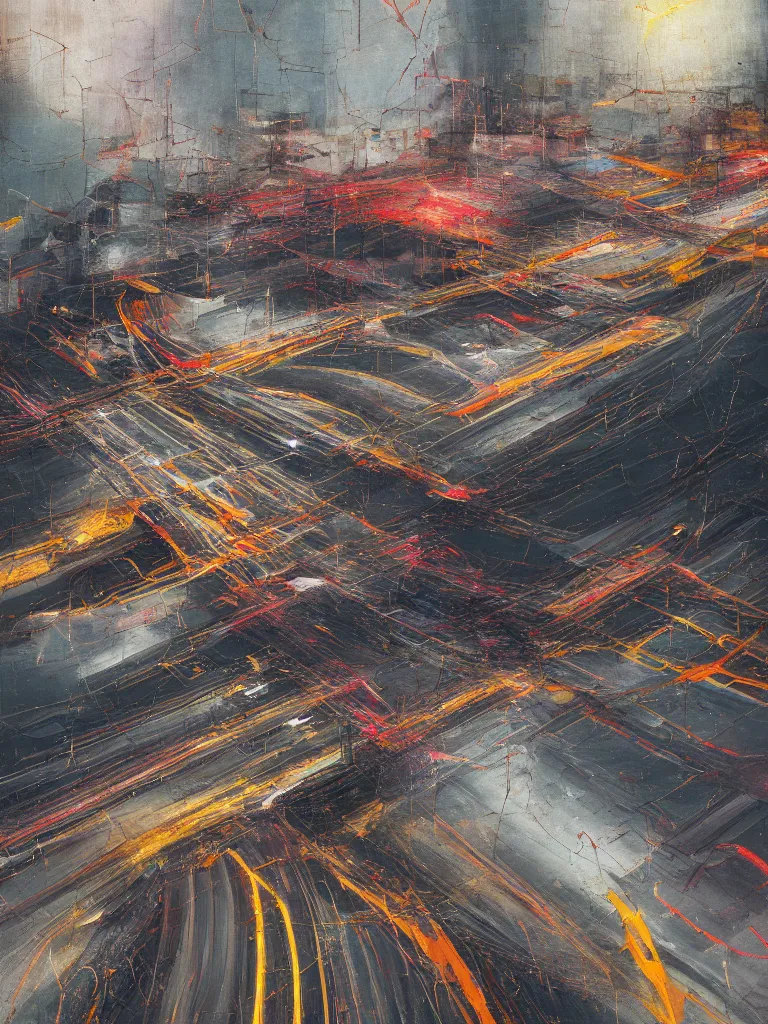 Image similar to a beautiful abstract painting by peter vahlefeld of a sky view of a complex glitched highway intersection, color bleeding, pixel sorting, plaster and metal materials, brushstrokes by jeremy mann