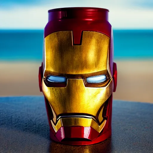 Image similar to a closeup photorealistic photograph of an iron man style tiki mug at a trader vic's beach bar featuring the face of iron man. tiki party. bright scene. fine detail. this 4 k hd image is trending on artstation, featured on behance, well - rendered, extra crisp, features intricate detail, epic composition and the style of unreal engine.