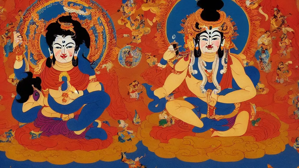 Image similar to philosopher nietzsche as mahakali fierce buddhist deity, in the style of tibetan thanka painting
