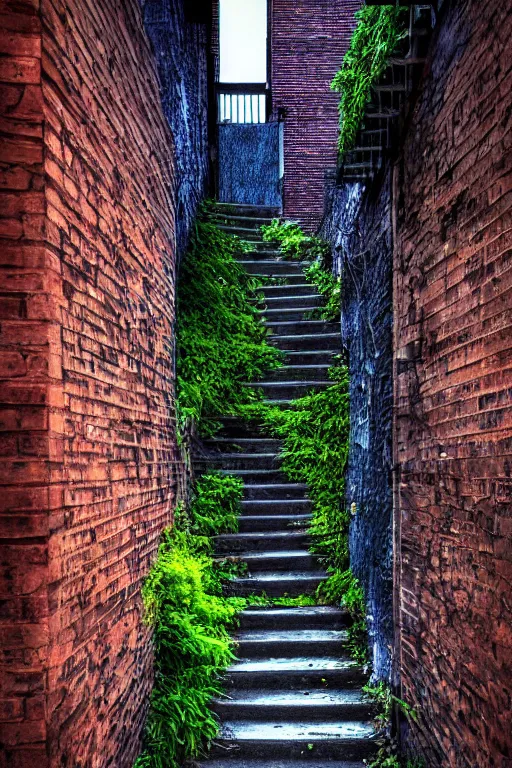 Prompt: small overgrown urban garden at twilight in Montreal backalley, brick wall, metal spiral staircase, overcast sky, moonlight, volumetric lighting, cell-shading, blue and black color scheme, digital art