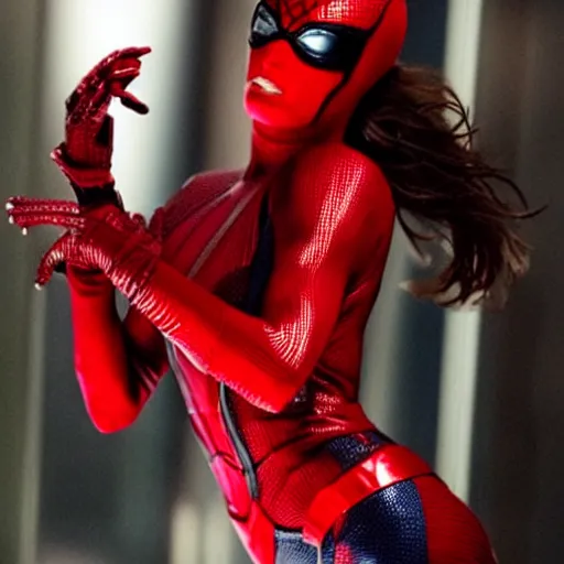 Prompt: Mila Jovovich as spiderwoman , film still, best scene,focus on character