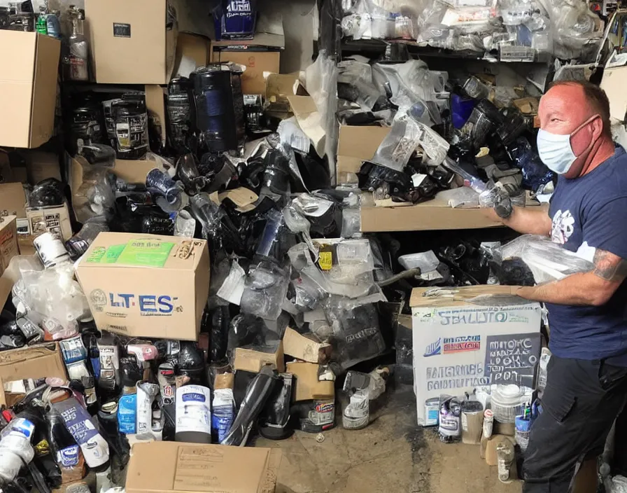 Image similar to Alex Jones inventing new conspiracy theories in his garage office, surrounded by boxes of herbal supplements and trash, swat riot team is kicking in the door, tear gas, detailed photograph high quality