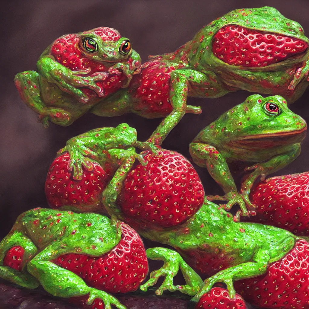 Image similar to hyperrealistic mixed media painting of a strawberry frog chimera, dim volumetric lighting, 8 k octane beautifully detailed render, post - processing, portrait, extremely hyper - detailed, intricate, epic composition, cinematic lighting, masterpiece, trending on artstation, very very detailed, masterpiece, stunning