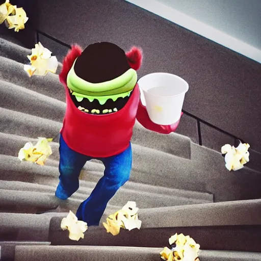 Image similar to mike wazowski from monsters inc falling down the stairs with a bucket of popcorn, iphone photo