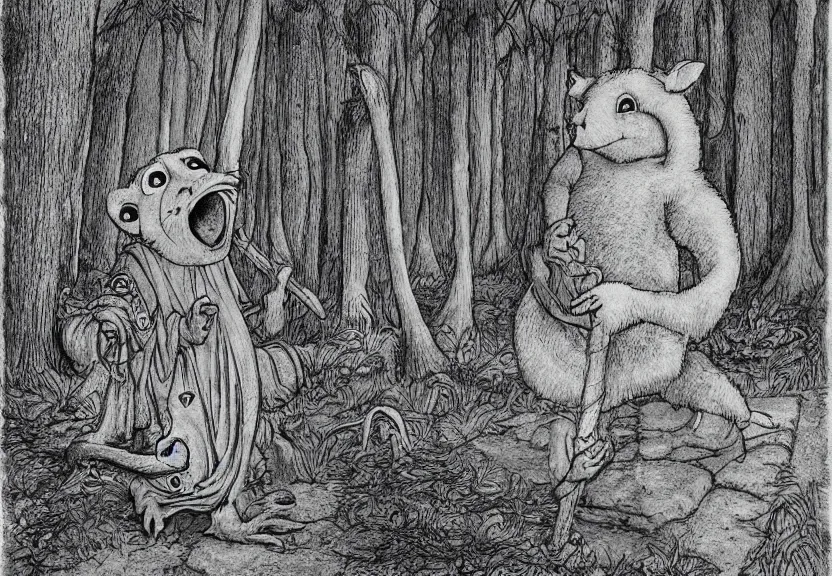 Image similar to big possum dressed like a monk at a scary medieval cemetery in the middle of the forest at night, highly detailed, digital art, by Maurice Sendak