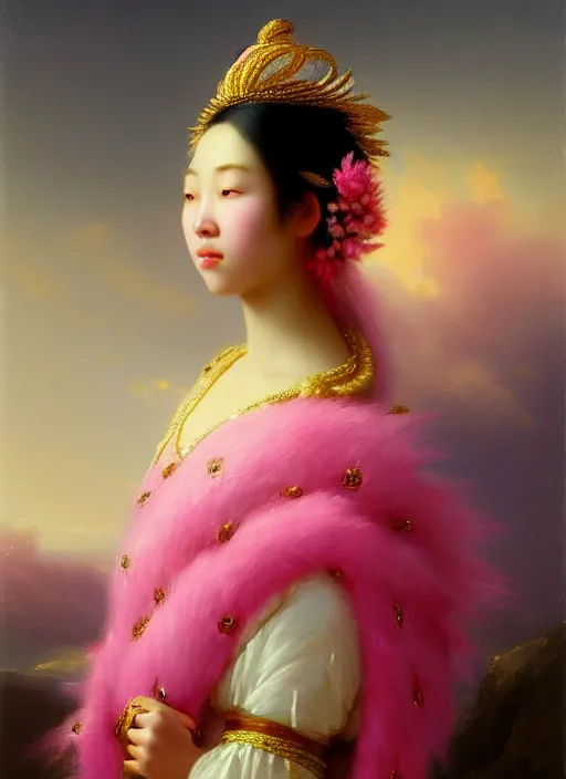 Image similar to stunning asian princess, detailed pink and white protea head peace against a black backdrop by ivan aivazovsky, wlop, oil painting, beautiful soft lighting, muted colours, artstation