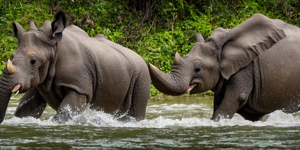 Prompt: a hippo with a rhino's horn and an elephant's trunk, in a river in the jungle, extremely high fidelity, natural lighting