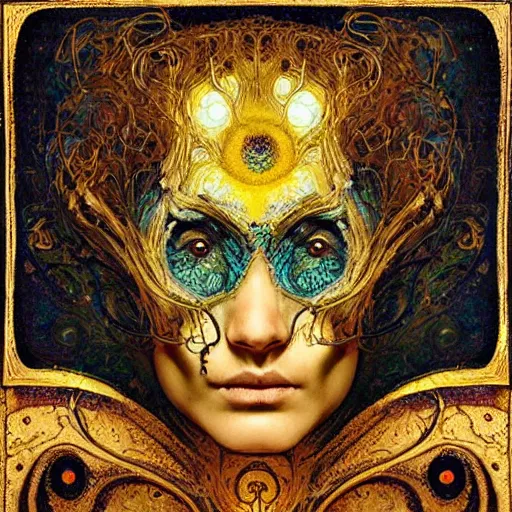 Image similar to Memento Mori by Karol Bak, Jean Deville, Gustav Klimt, and Vincent Van Gogh, beautiful visionary mystical portrait, otherworldly, fractal structures, ornate gilded medieval icon, third eye, spirals, botanical calavera by William Morris