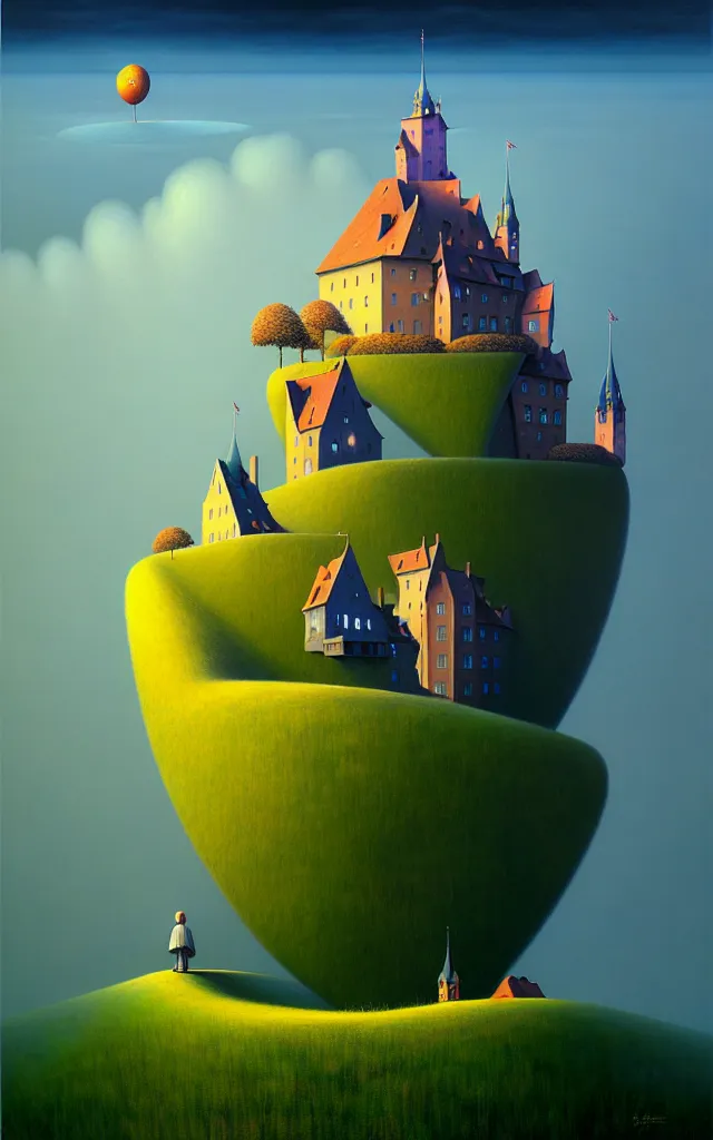 Prompt: gediminas pranckevicius an oil on canvas portrait painting of world castle happy place, volumetric light godray, surrealism, surrealist, impossible geometry, rob gonsalves, high detail fantastic