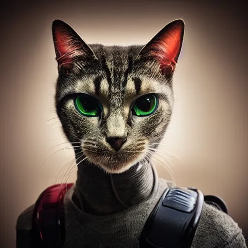 Image similar to portrait of a cute cyberpunk cat, realistic, futuristic, robot, professional photography