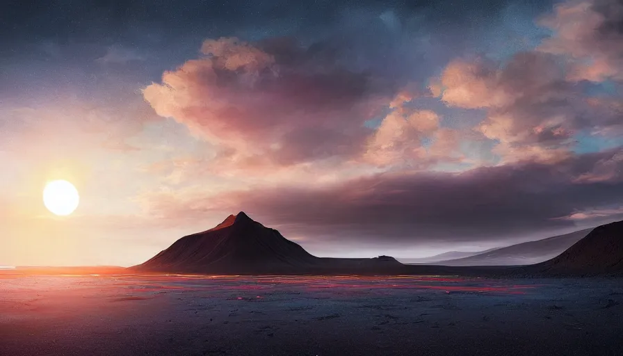 Image similar to solar eclipse in iceland, black sand, colorful clouds, blue sky, jessica rossier, art station