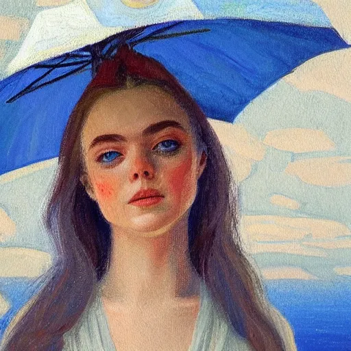 Image similar to professional painting of Elle Fanning in Santorini in the style of Daniel Garber, head and shoulders portrait, symmetrical facial features, smooth, sharp focus, illustration, intricate, stormy weather, extremely detailed masterpiece,