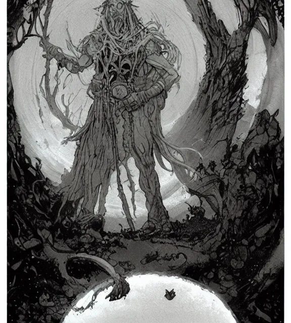 Image similar to a druid standing in a circle at the beginning of the world by alan lee and peter mohrbacher and frank frazetta and mike mignola