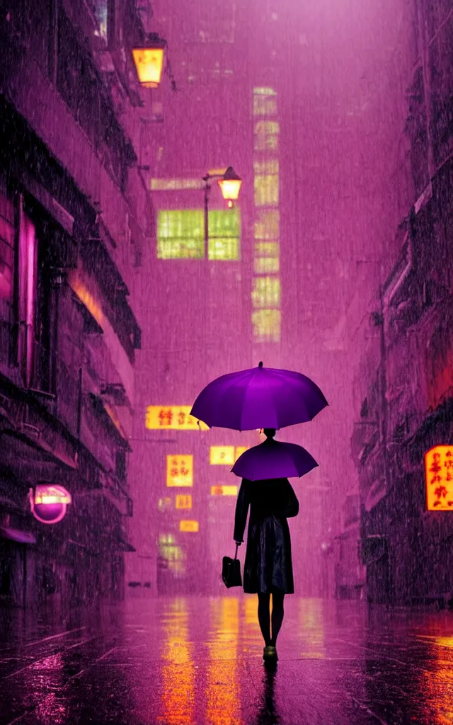 Image similar to a woman holding a purple umbrella walking on the wet street on a rainy night in a hong kong by wes anderson and makoto shinkai. dramatic lighting. cel shading.