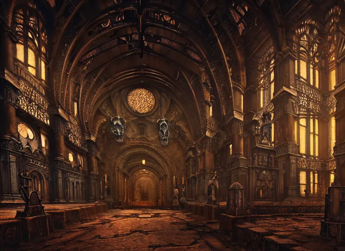 Image similar to steam necropolis, memento mori, gothic, neo - gothic, art nouveau, hyperdetailed copper patina medieval icon, stefan morrell, philippe druillet, ralph mcquarrie, concept art, steampunk, unreal engine, detailed intricate environment, octane render, moody atmospherics, volumetric lighting, ultrasharp, ominous, otherworldly