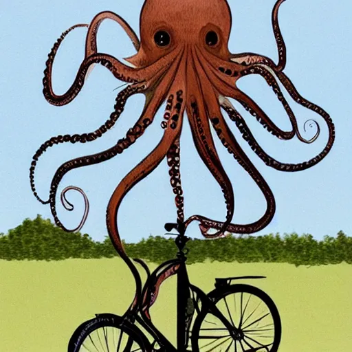 Prompt: an octopus riding a victorian bicycle