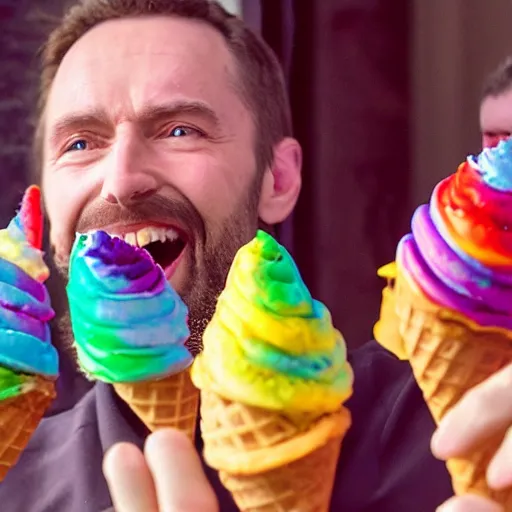 Image similar to thom york excitedly eating several colorful ice cream cones