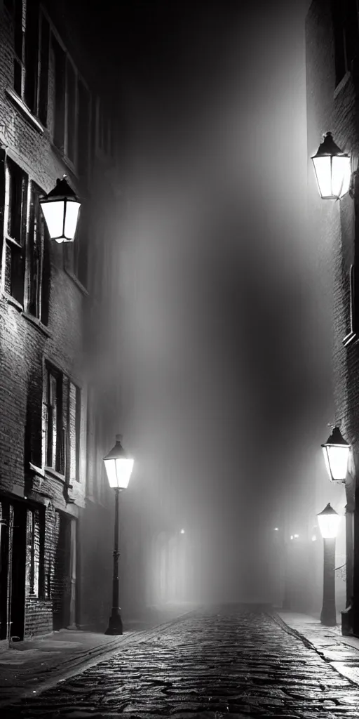 Image similar to night photo: Scary, foggy victorian alley in London with one distant gas light illuminating bloody cobblestones.