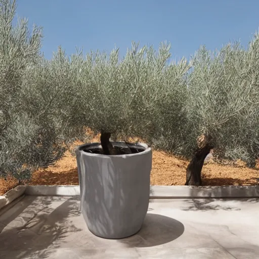 Image similar to large concrete pot on the rooftop, olive trees, comfortable for seating