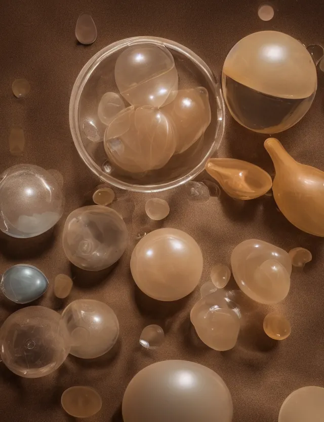 Prompt: a well - lit studio photograph of various earth - toned plastic toys floating in a kidney - shaped bowl of water, some wrinkled, some long, various sizes, textures, and transparencies, beautiful, smooth, detailed, inticate