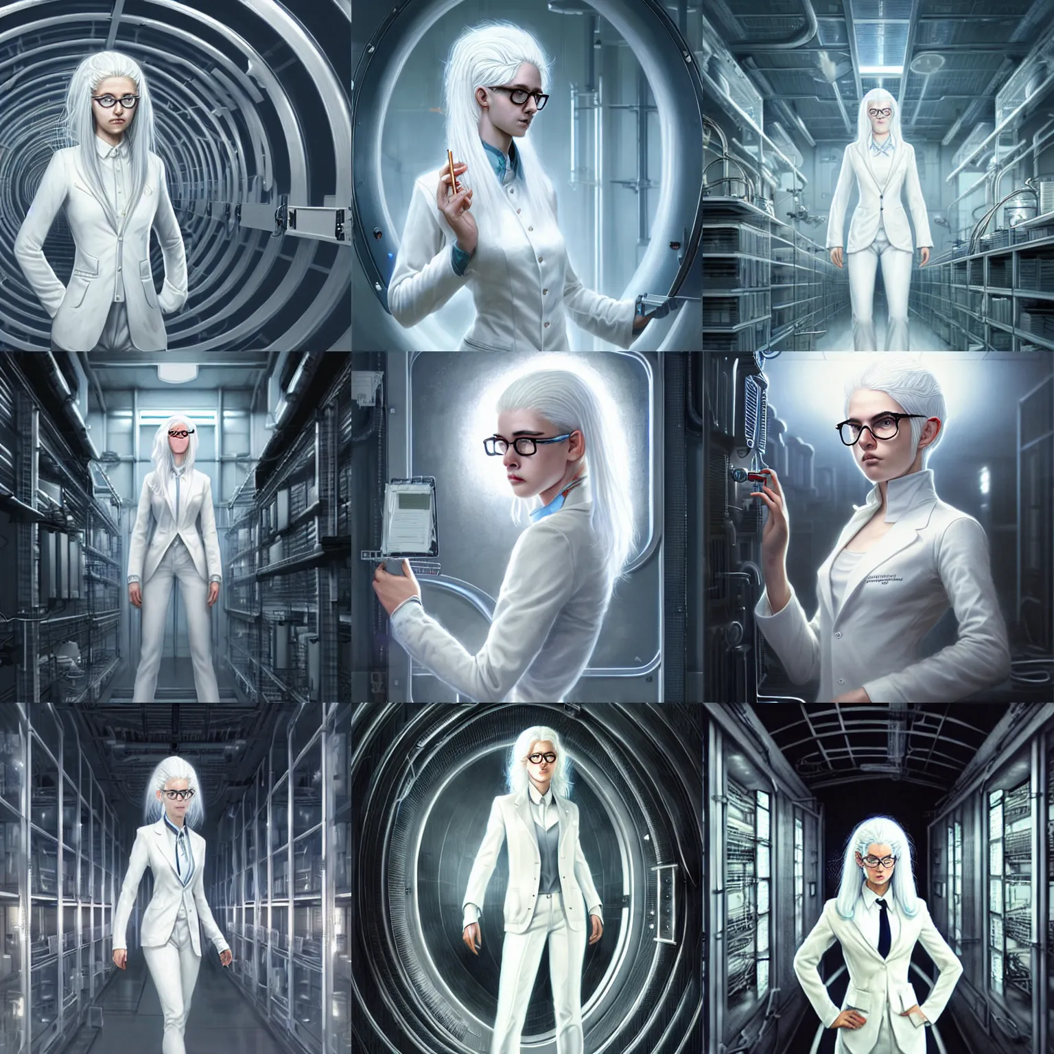 Prompt: beautiful young girl with white hair, wearing white suit and glasses, standing inside a research facility, character portrait, concept art, intricate details, highly detailed by greg rutkowski, michael whelan and gustave dore