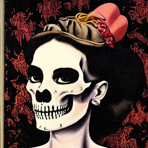 Image similar to portrait painting young woman skeleton, skull, hello kitty, comic book, elegant, highly detailed, painted by maxfield parrish and ditko