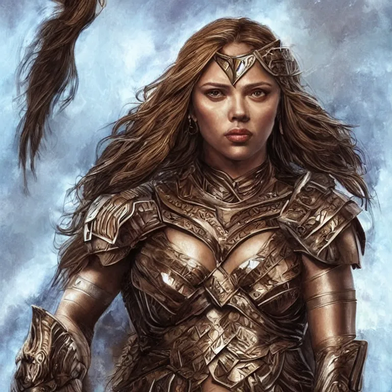 Image similar to scarlett johannson as an amazon warrior, a tall beautiful woman with brown skin and long hair, dressed in hellenistic body armor, intricate, elegant, highly detailed, smooth, sharp focus, detailed face, art by ardian syaf