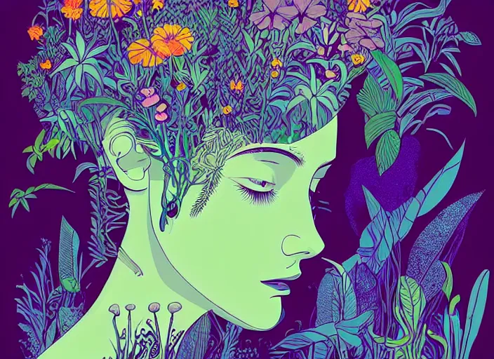 Prompt: surreal line art of beautiful young girl with a lot of jungle flowers and plants, poison toxic mushrooms, long grass, butterflies on its head + mystic fog, no - shadow, 7 0's vintage sci - fi style, by moebius, kim jung gi, poster art by android jones, behance contest winner, made of flowers, grotesque, concert poster