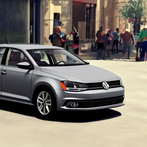 Prompt: a gunmetal grey volkswagen jetta in the pixar movie cars