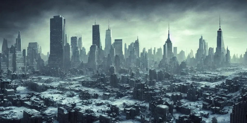 Image similar to nuclear winter, new york city, near future, fantasy, sci - fi, hyper realistic, serene.